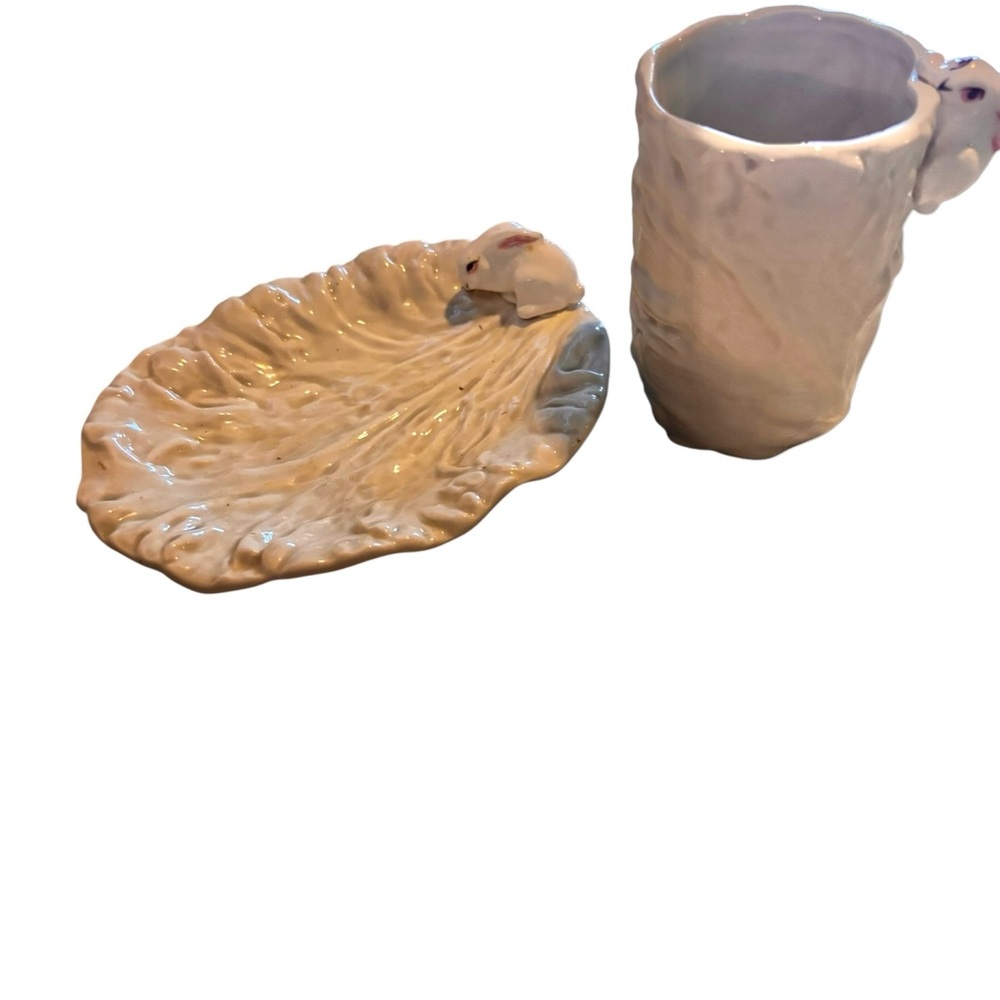 Vintage Made in Japan Bunny Ceramic Cup & Leaf Dish Set Cottagecore Decor